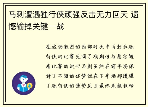 马刺遭遇独行侠顽强反击无力回天 遗憾输掉关键一战